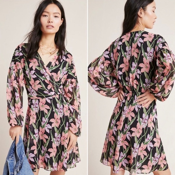 Anthropologie Aryessa Trellis Floral Wrap Dress Balloon Sleeve Small Black Pink - Picture 15 of 15